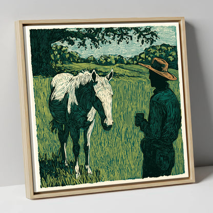 Morning Field Companion horse & rider canvas wall art in natural frame
