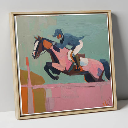 Apex of the Arc show jumping horse canvas wall art in natural frame