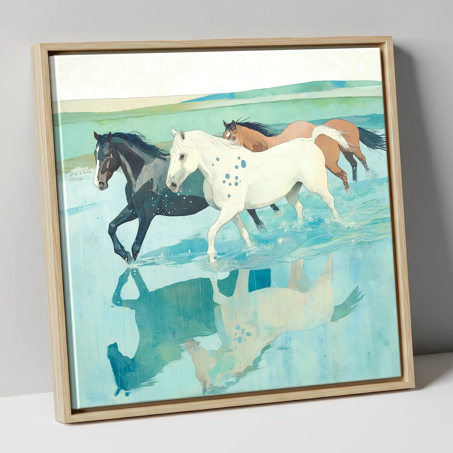 Tidal Canter wild horses canvas wall art in natural frame
