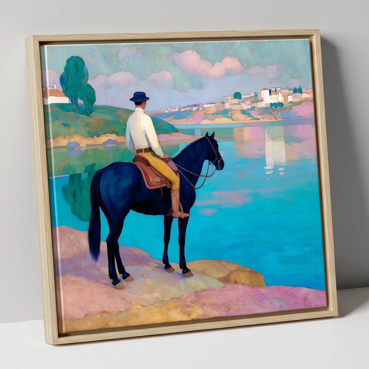 Gazing Across Vivid Waters beach horse canvas wall art in natural frame