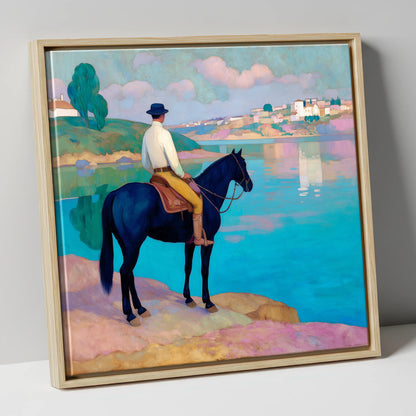 Gazing Across Vivid Waters beach horse canvas wall art in natural frame