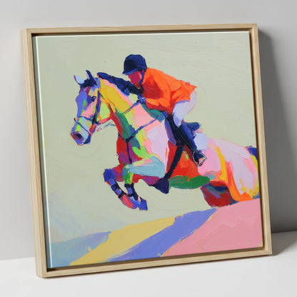 Technicolour Flight show jumping horse canvas wall art in natural frame