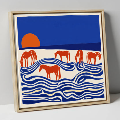 Cobalt Sunset Herd wild horses canvas wall art in natural frame