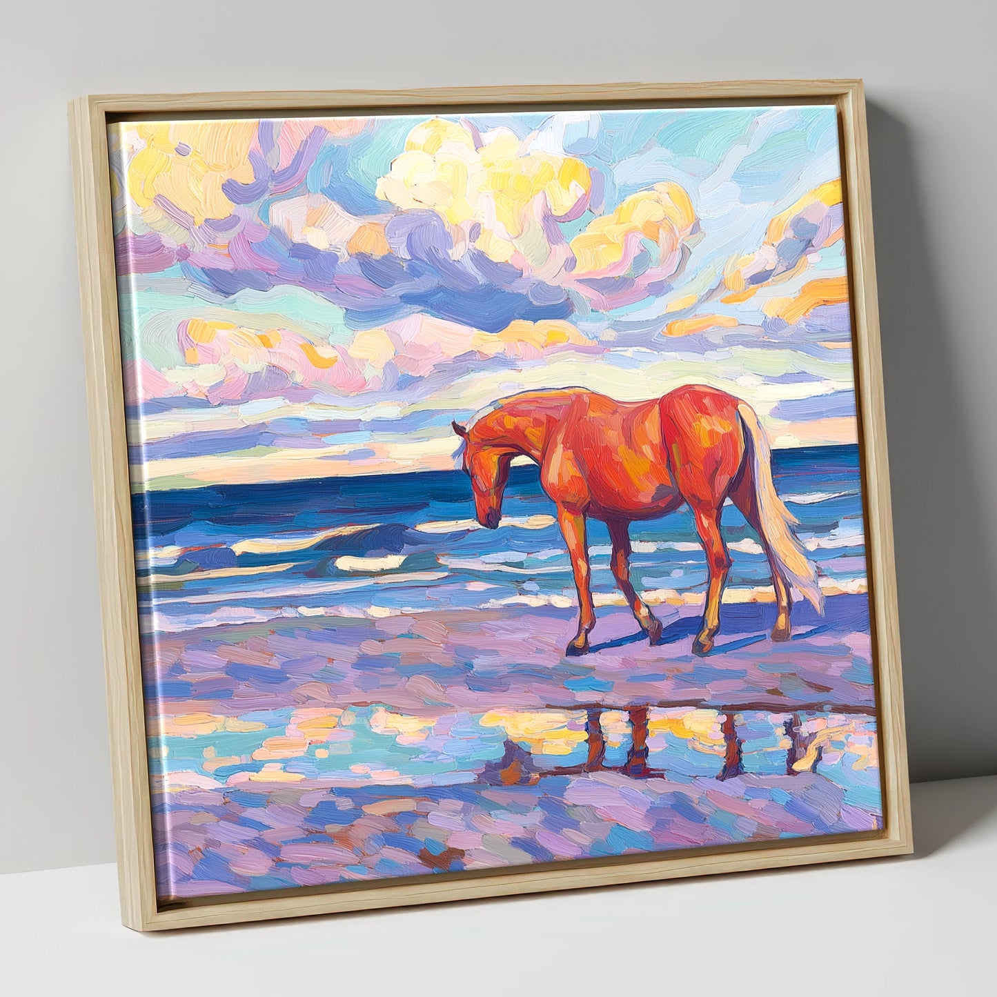 Vivid Coastal Solitude horse landscape canvas wall art in natural frame