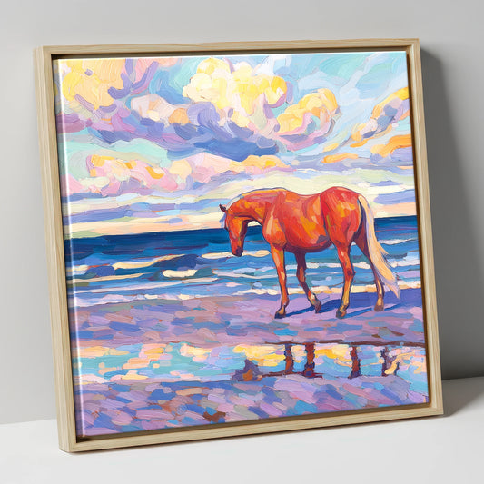Chestnut Horse on Vibrant Beach horse landscape canvas wall art in natural frame