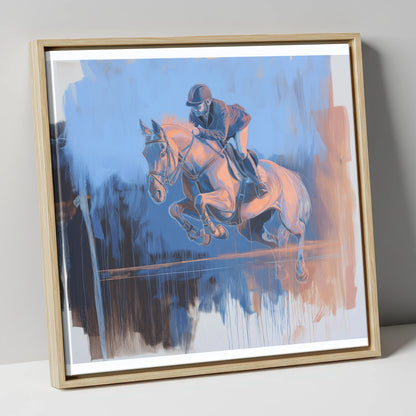 Suspended Over Cobalt show jumping horse canvas wall art in natural frame
