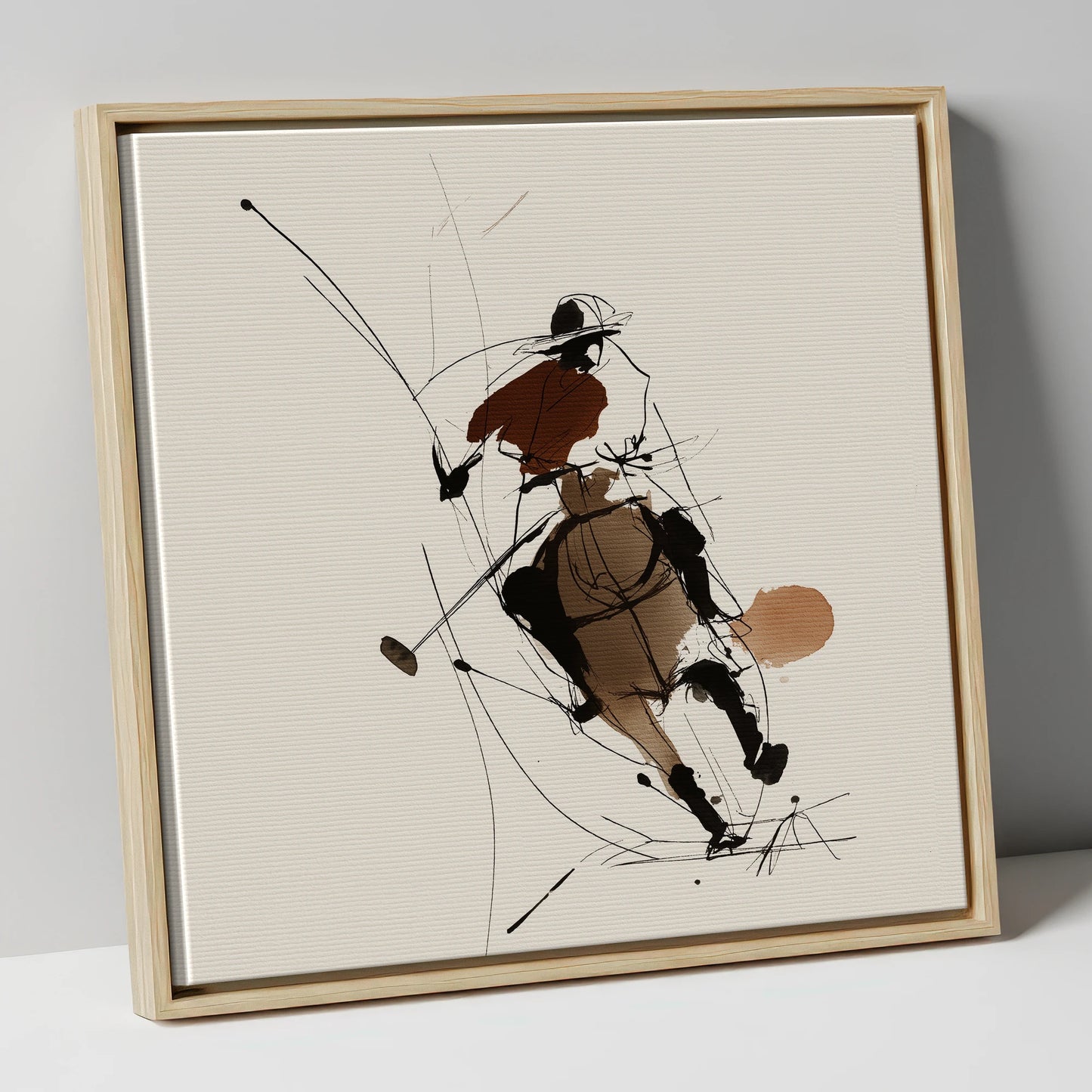 Dynamic Chukka polo horse canvas wall art in natural frame