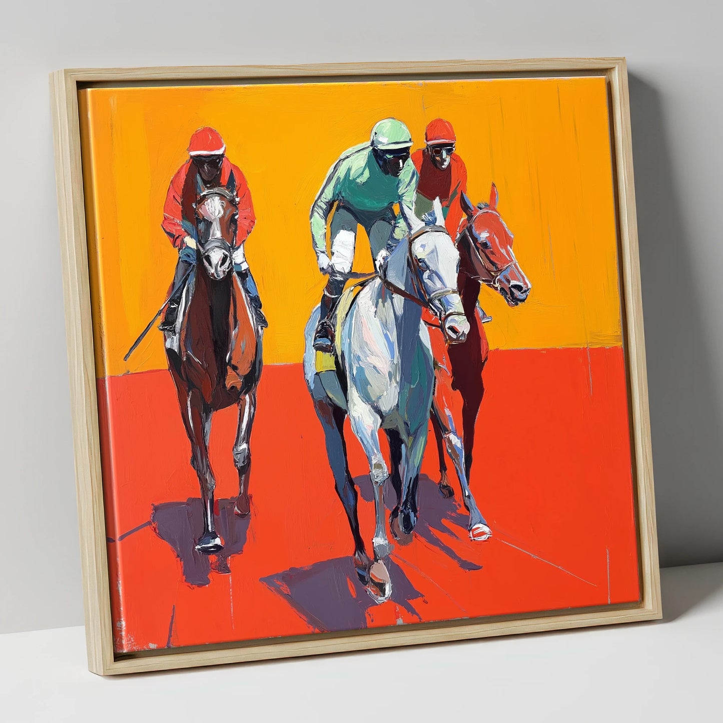 Heat of the Race racing horse canvas wall art in natural frame