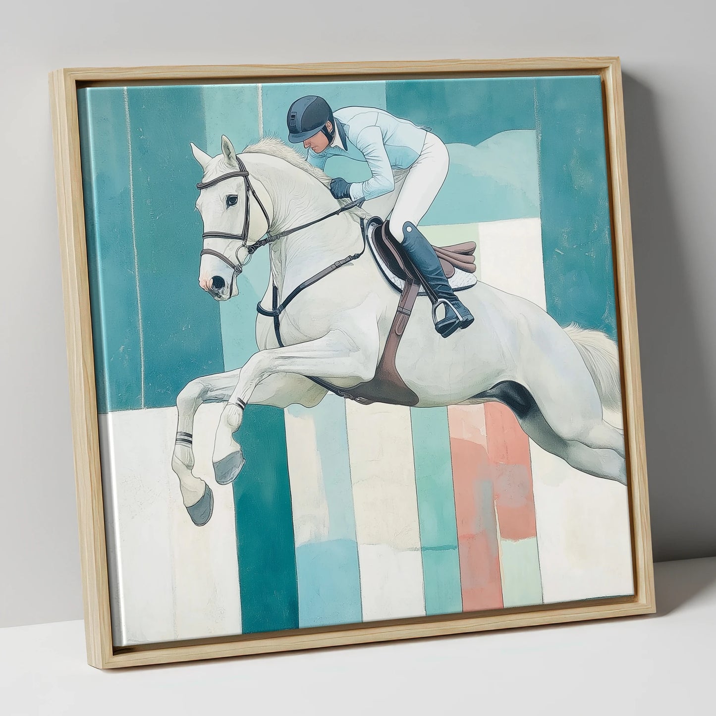 Aquamarine Ascent show jumping horse canvas wall art in natural frame