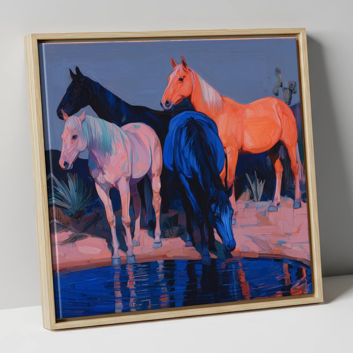 Vivid Desert Oasis wild horses canvas wall art in natural frame