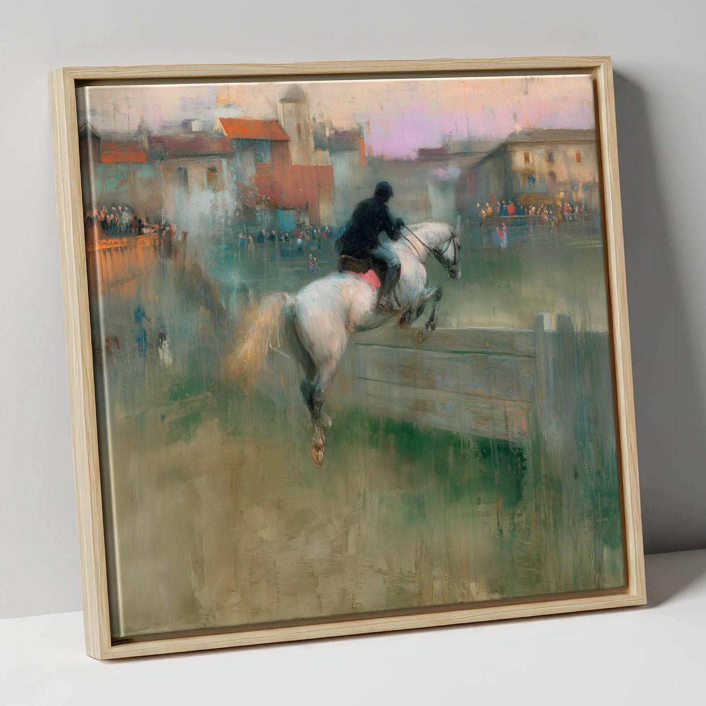 Over the Village Timber show jumping horse canvas wall art in natural frame