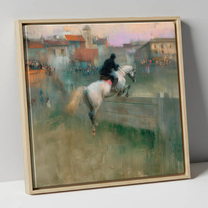 Over the Village Timber show jumping horse canvas wall art in natural frame