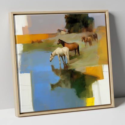 Cerulean Reflections wild horses canvas wall art in natural frame