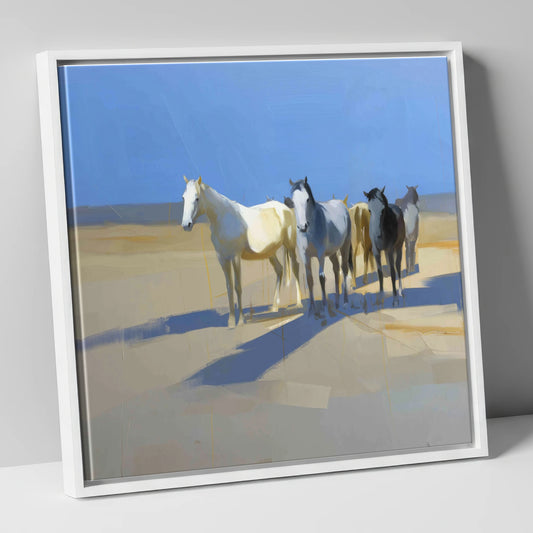 Sunlit High Plains wild horses canvas wall art in white frame