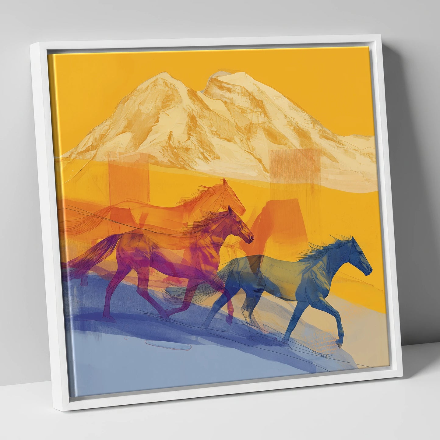 Golden Mountain Canter horse landscape canvas wall art in white frame