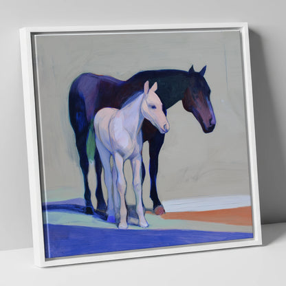 Indigo and Dawn mare & foal canvas wall art in white frame