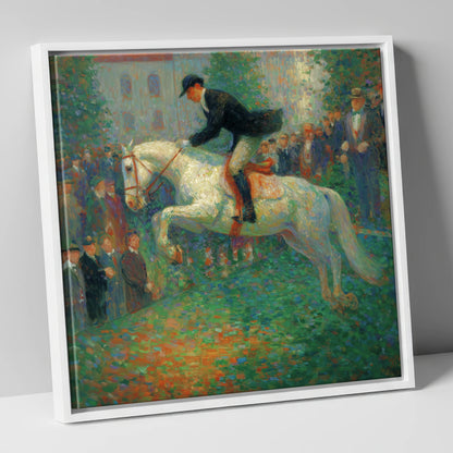 The Luminous Leap show jumping horse canvas wall art in white frame
