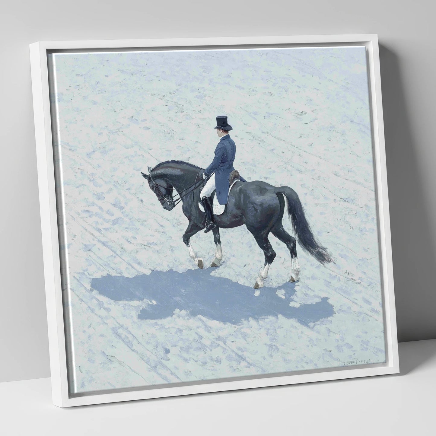 Focus and Shadow dressage horse canvas wall art in white frame