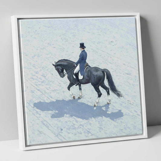 Focus and Shadow dressage horse canvas wall art in white frame