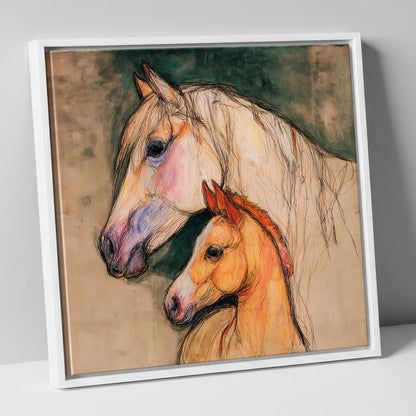 Quiet Devotion mare & foal canvas wall art in white frame