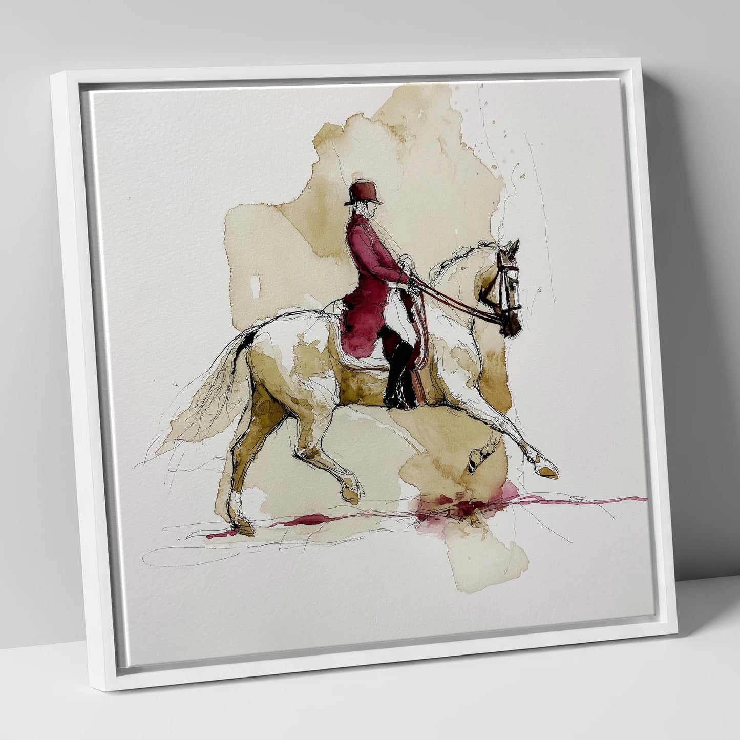 The Crimson Tailcoat dressage horse canvas wall art in white frame