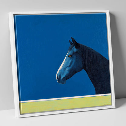 Midnight Blue Blaze horse portrait canvas wall art in white frame