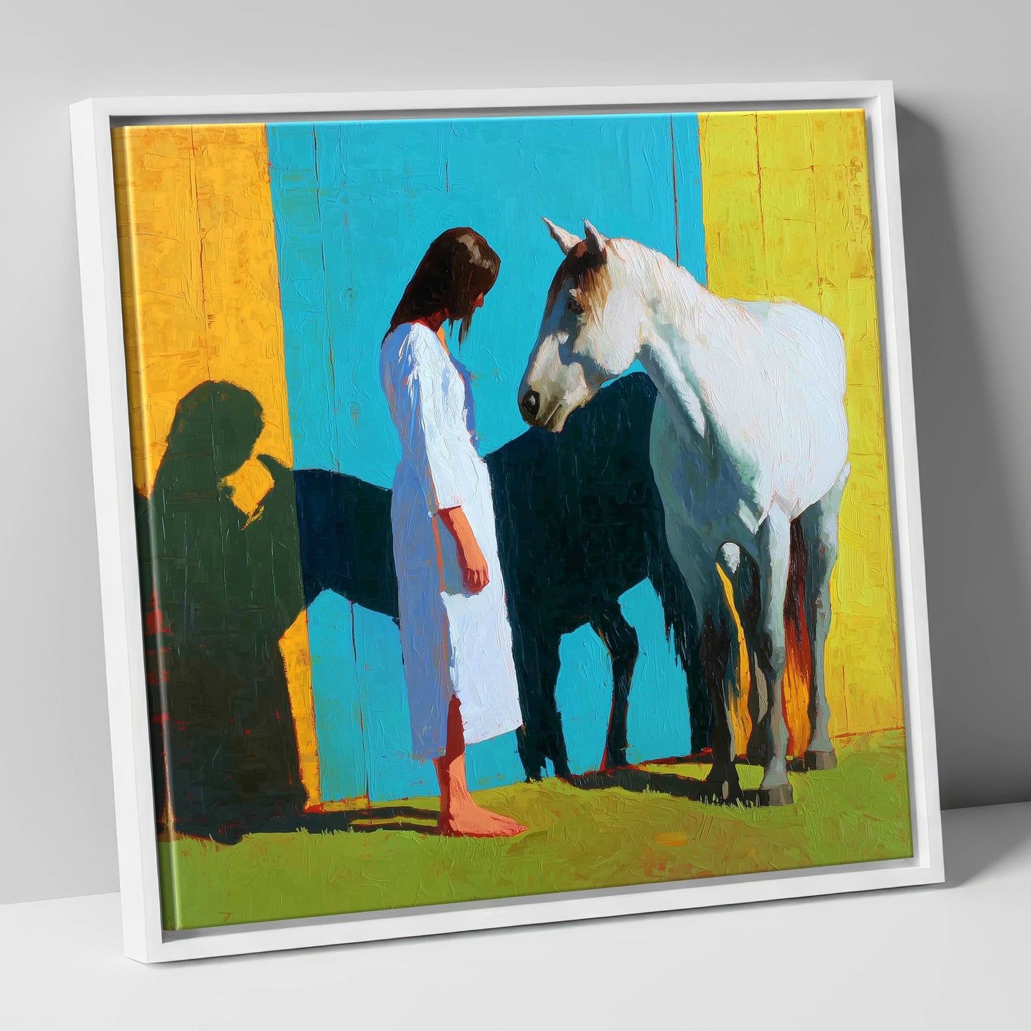 Sunlit Shadows horse & rider canvas wall art in white frame