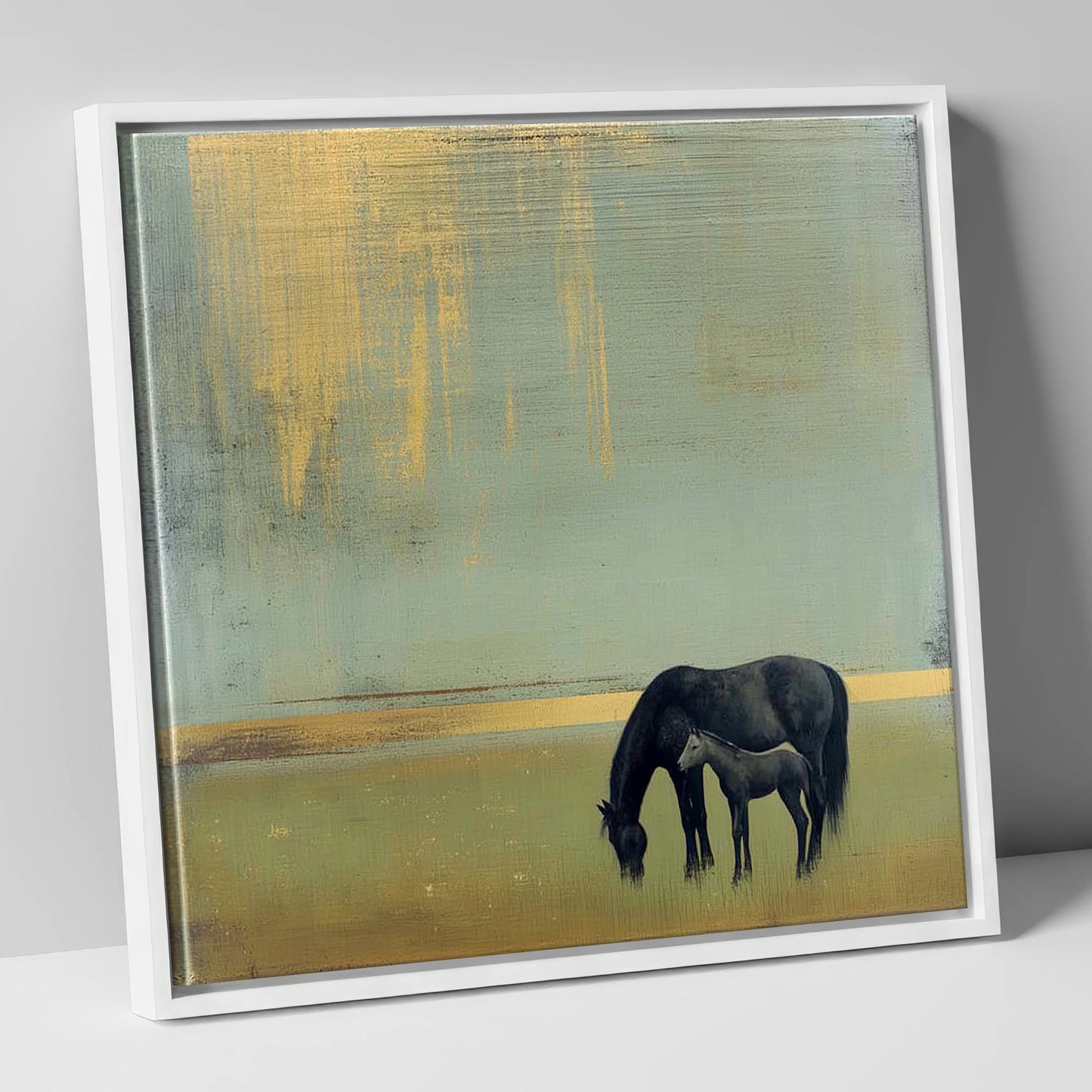 Gilded Serenity mare & foal canvas wall art in white frame