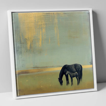 Gilded Serenity mare & foal canvas wall art in white frame