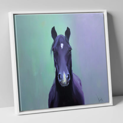 The Violet Gaze horse portrait canvas wall art in white frame