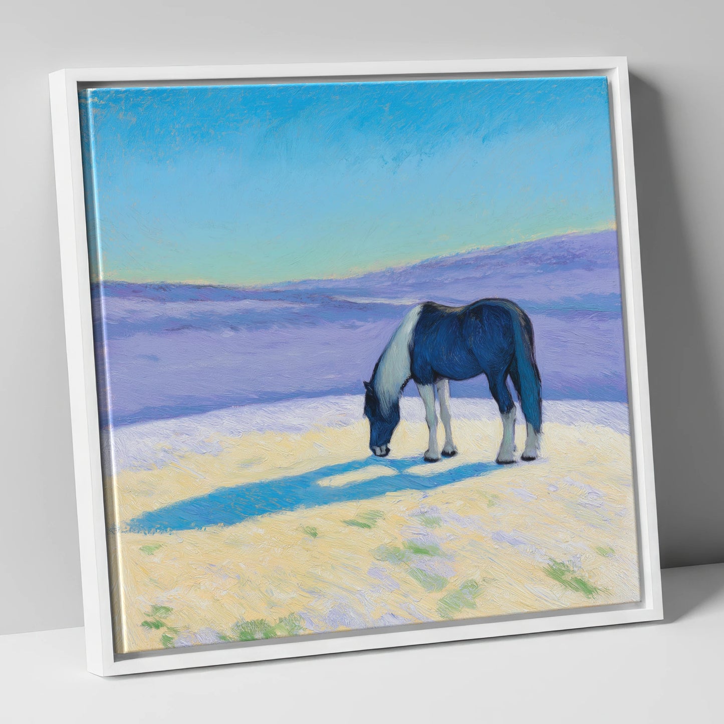 Indigo Shadow Grazing working horse canvas wall art in white frame