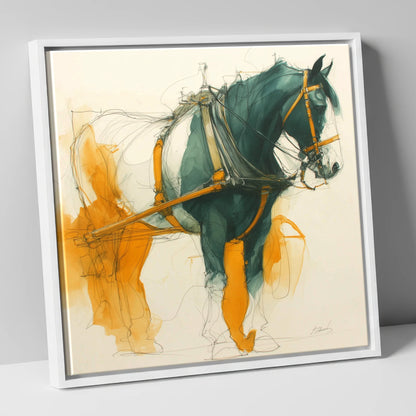 Teal and Amber Draft working horse canvas wall art in white frame