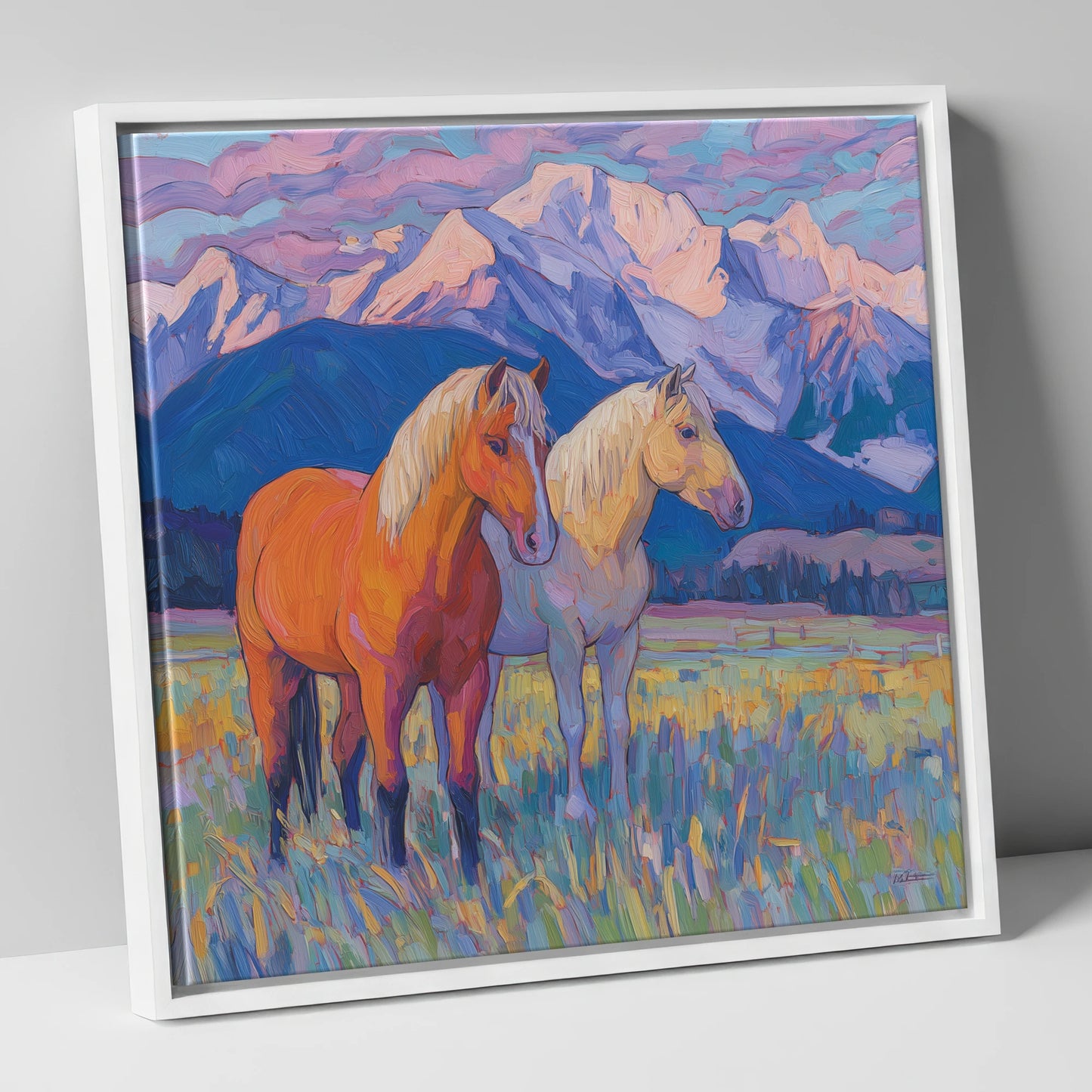 Painted Mountain Pasture horse landscape canvas wall art in white frame