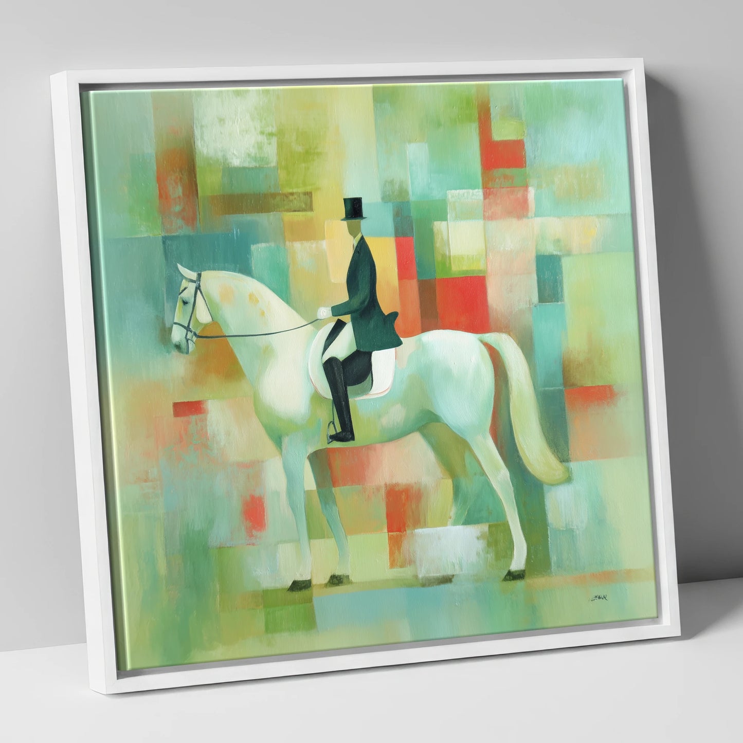 Structured Elegance dressage horse canvas wall art in white frame