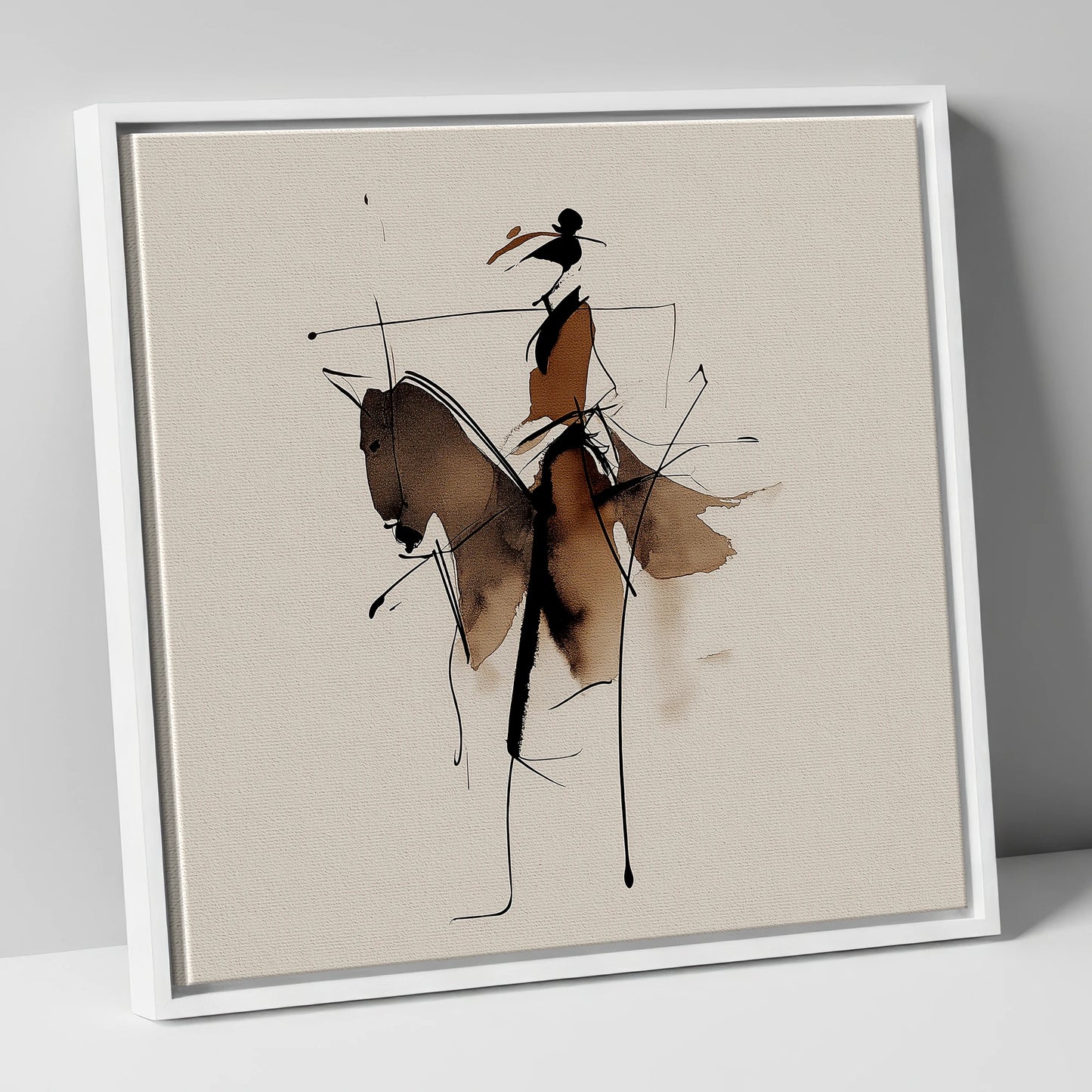 Abstract Sepia Rider horse & rider canvas wall art in white frame