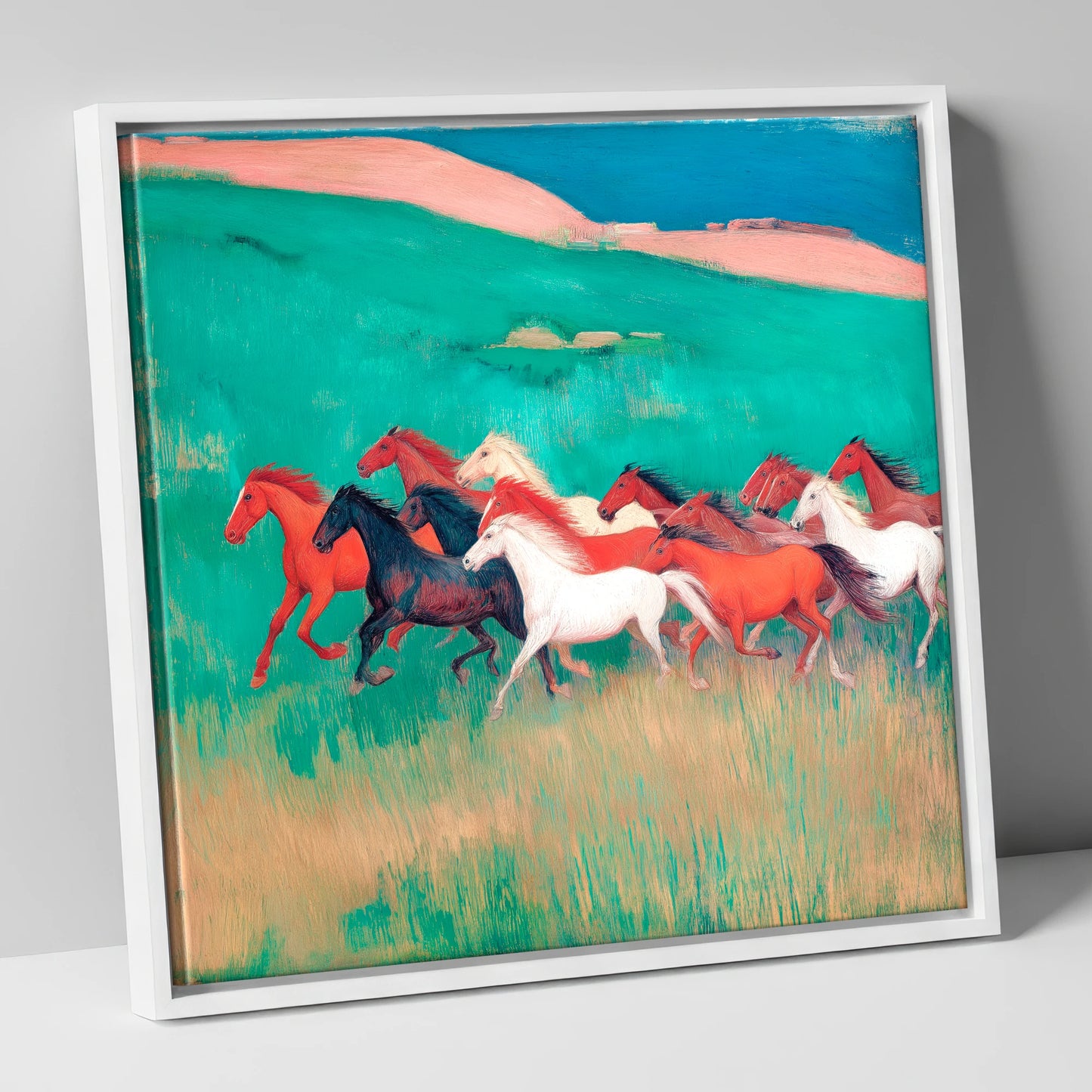 Crimson and Emerald Herd wild horses canvas wall art in white frame