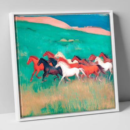Crimson and Emerald Herd wild horses canvas wall art in white frame