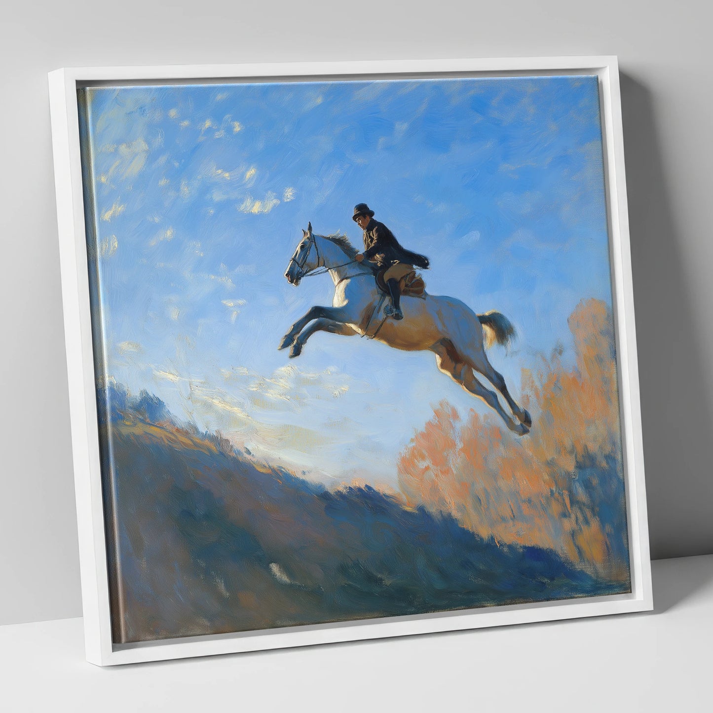 Flight Over The Ridge show jumping horse canvas wall art in white frame