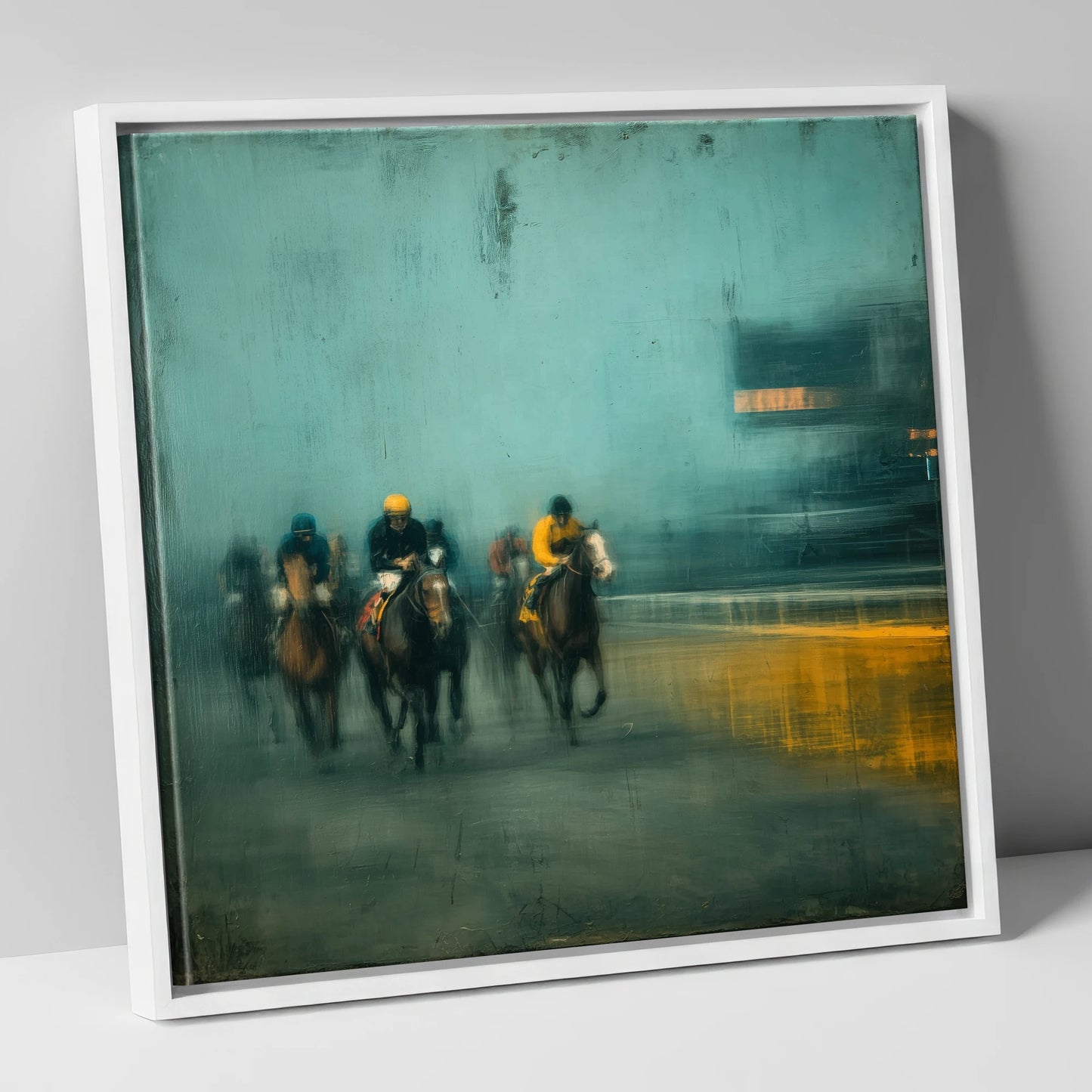 Thundering Through The Mist racing horse canvas wall art in white frame