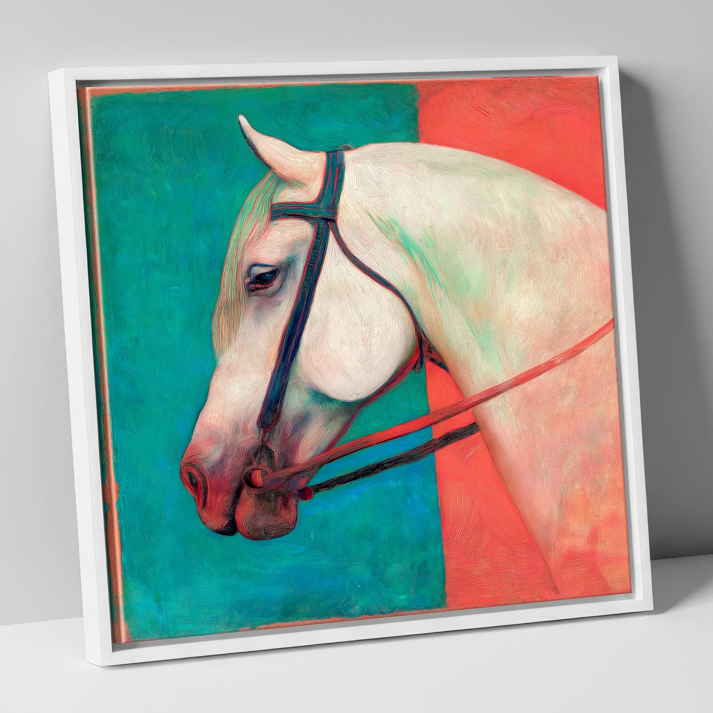 Crimson and Emerald Profile horse breed canvas wall art in white frame