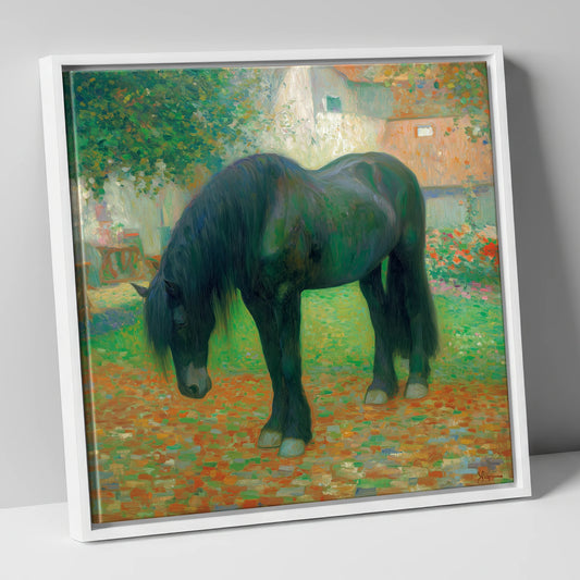 The Sunlit Draught horse breed canvas wall art in white frame