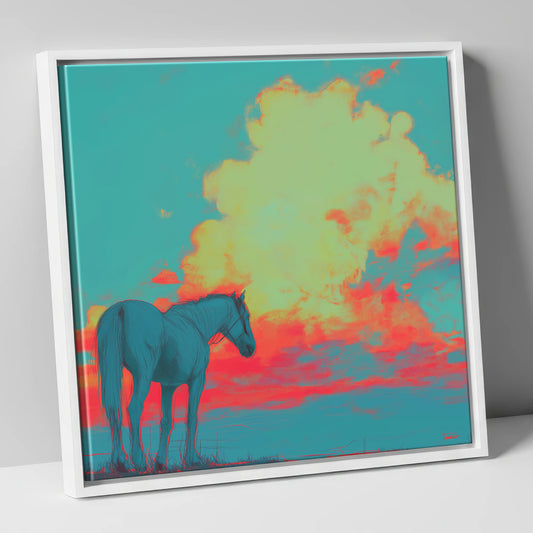 Teal Sunset Horizon horse landscape canvas wall art in white frame