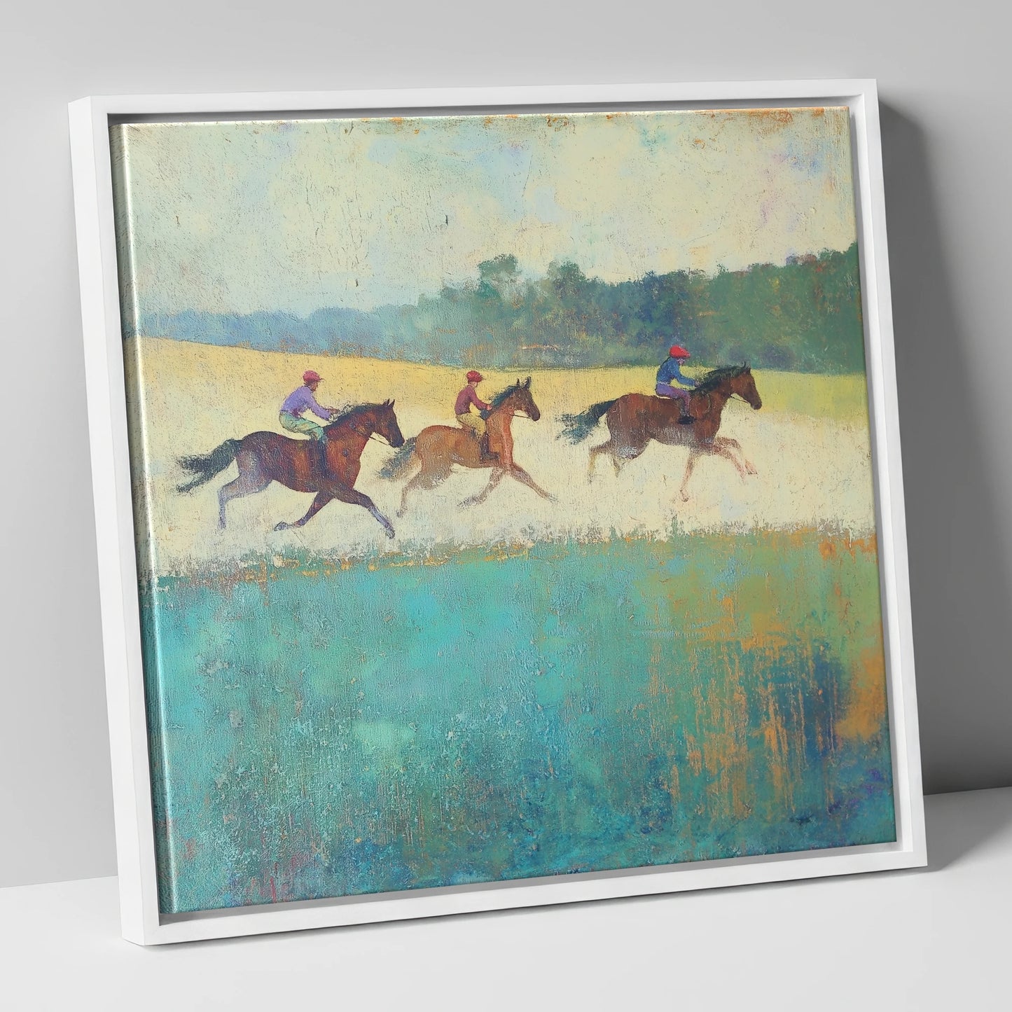 The Morning Gallop racing horse canvas wall art in white frame