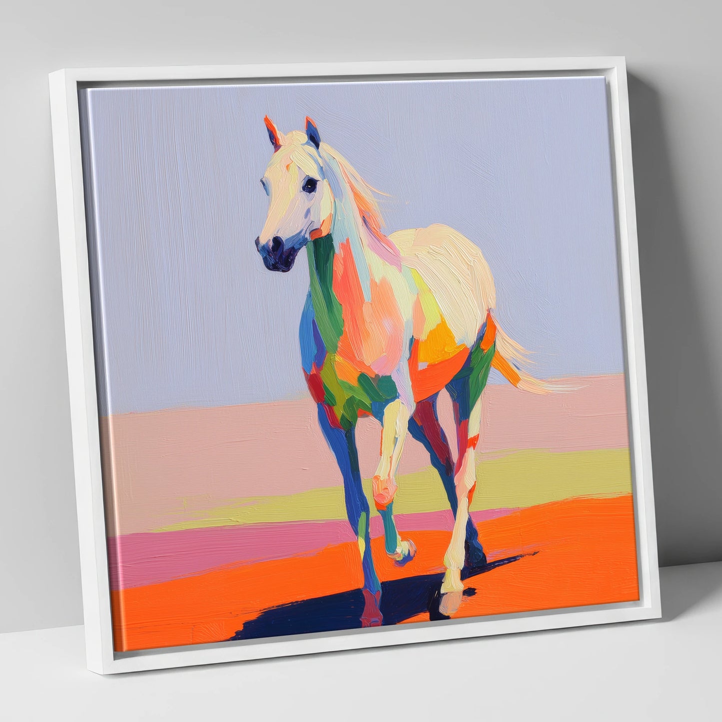Prismatic Strides horse breed canvas wall art in white frame