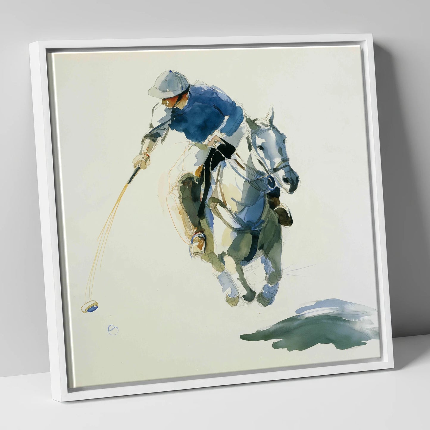 The Decisive Downward Swing polo horse canvas wall art in white frame