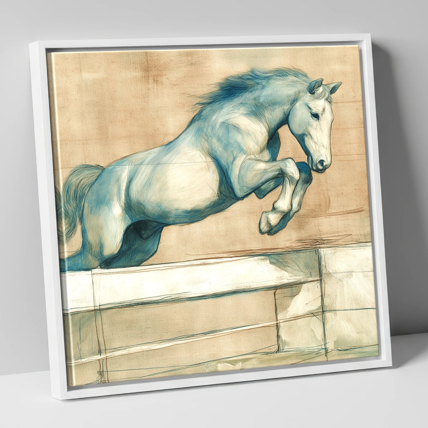 Airborne Grace show jumping horse canvas wall art in white frame