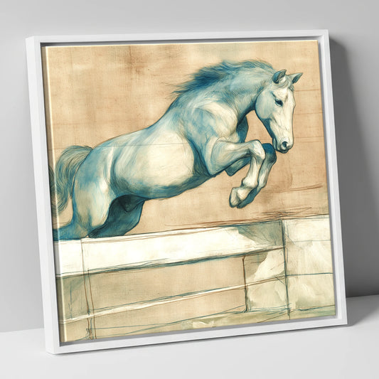 Airborne Grace show jumping horse canvas wall art in white frame