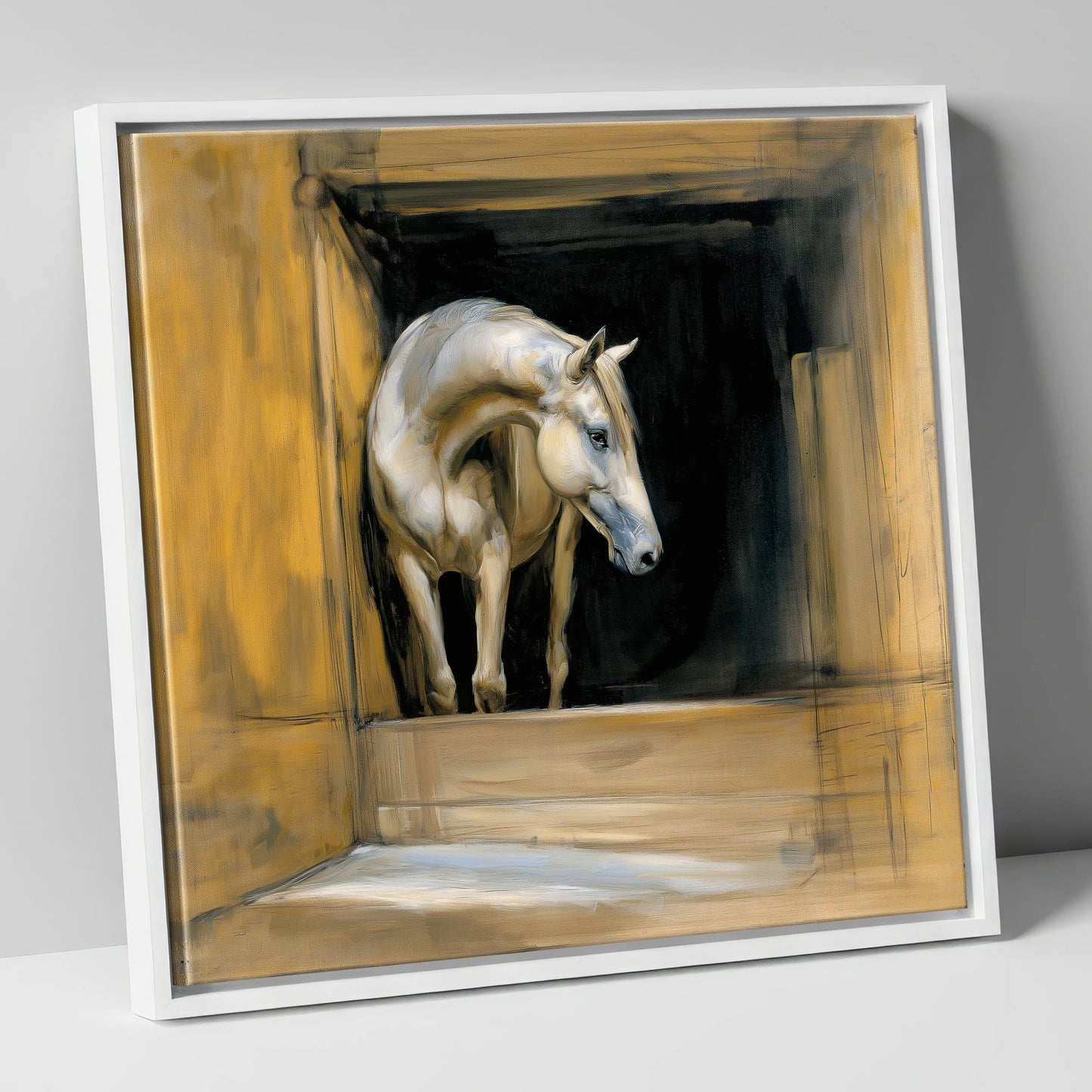 Quiet Anticipation horse stable canvas wall art in white frame