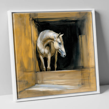 Quiet Anticipation horse stable canvas wall art in white frame