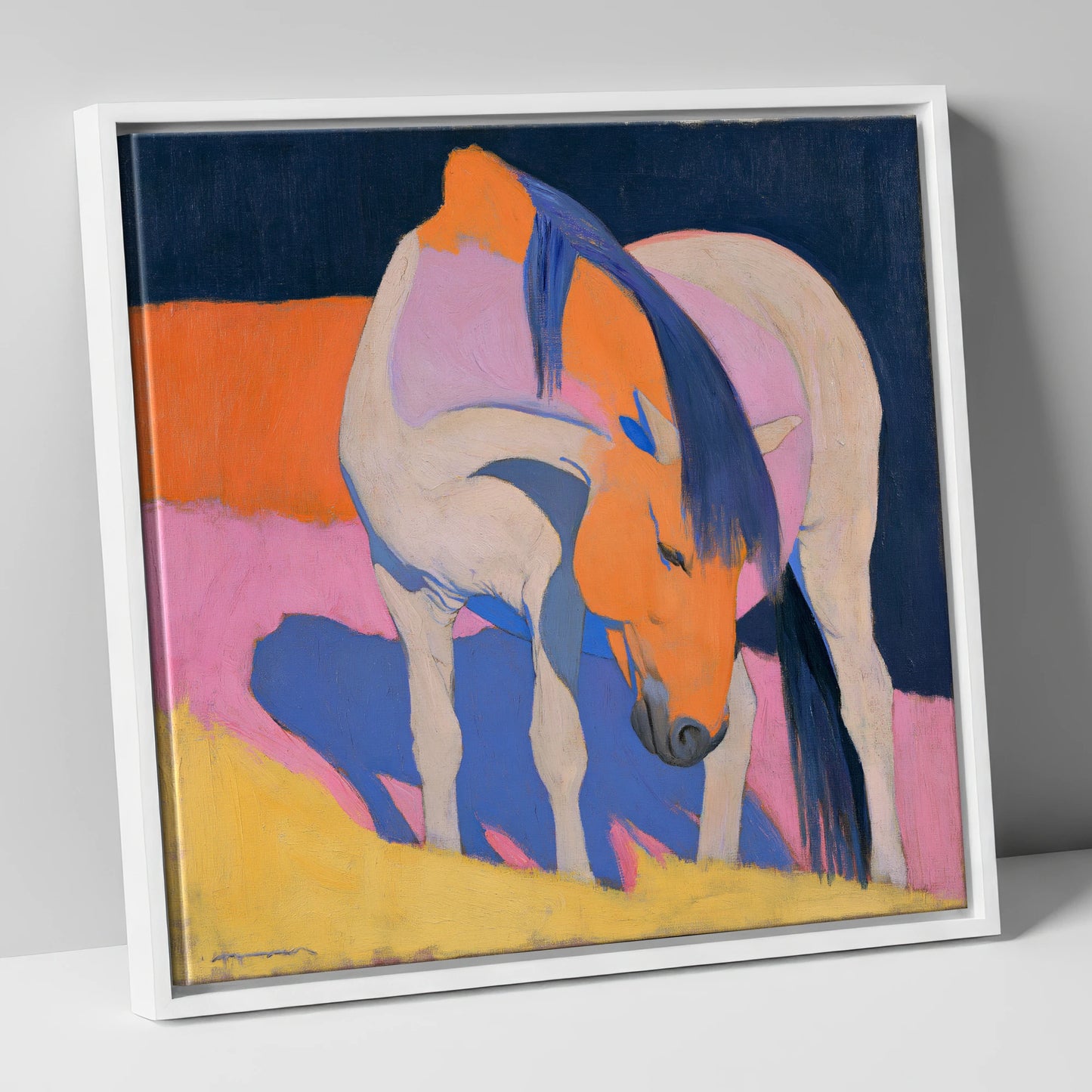 Vibrant Horse with Blue Mane horse breed canvas wall art in white frame
